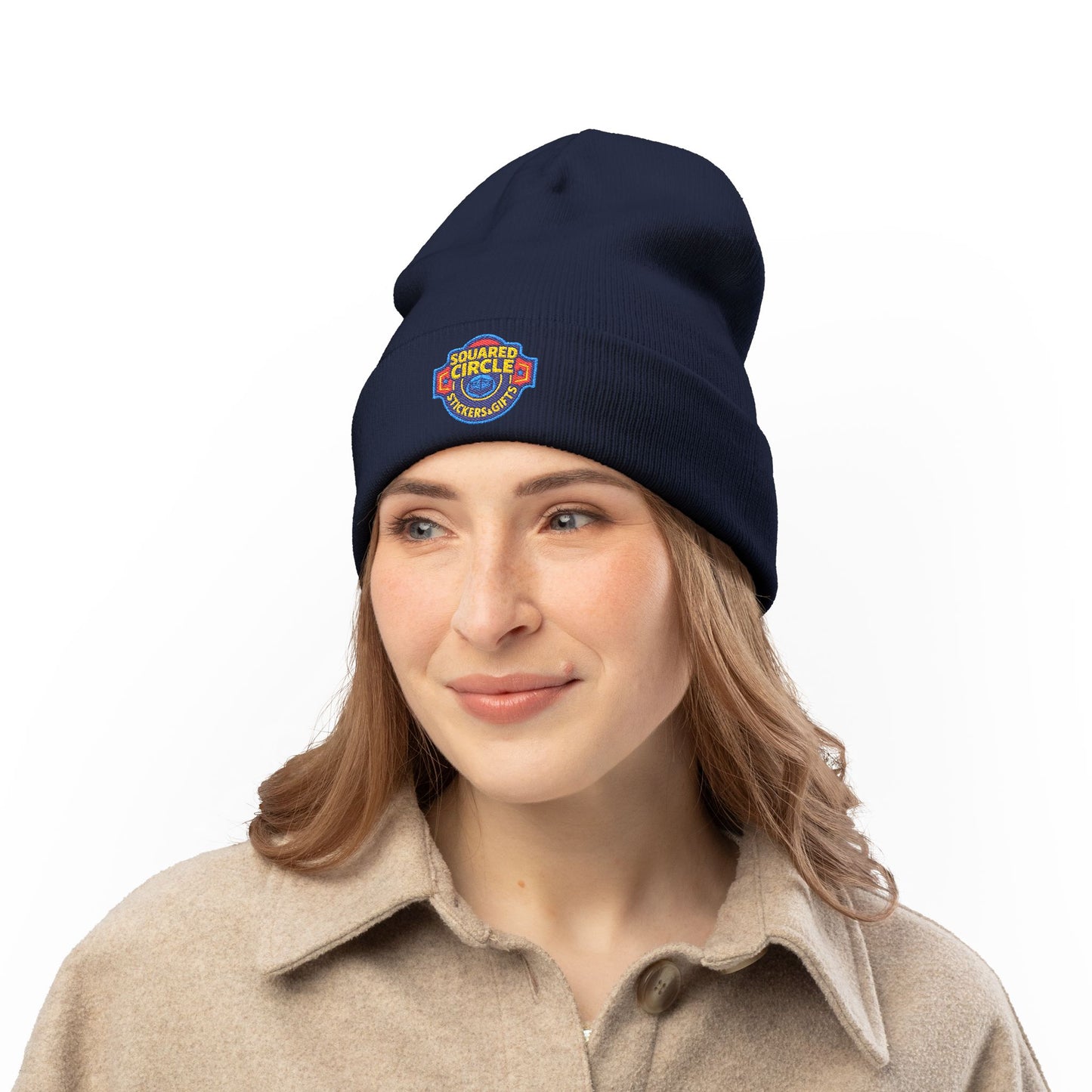 Squared Circle Embroidered Knit Beanie